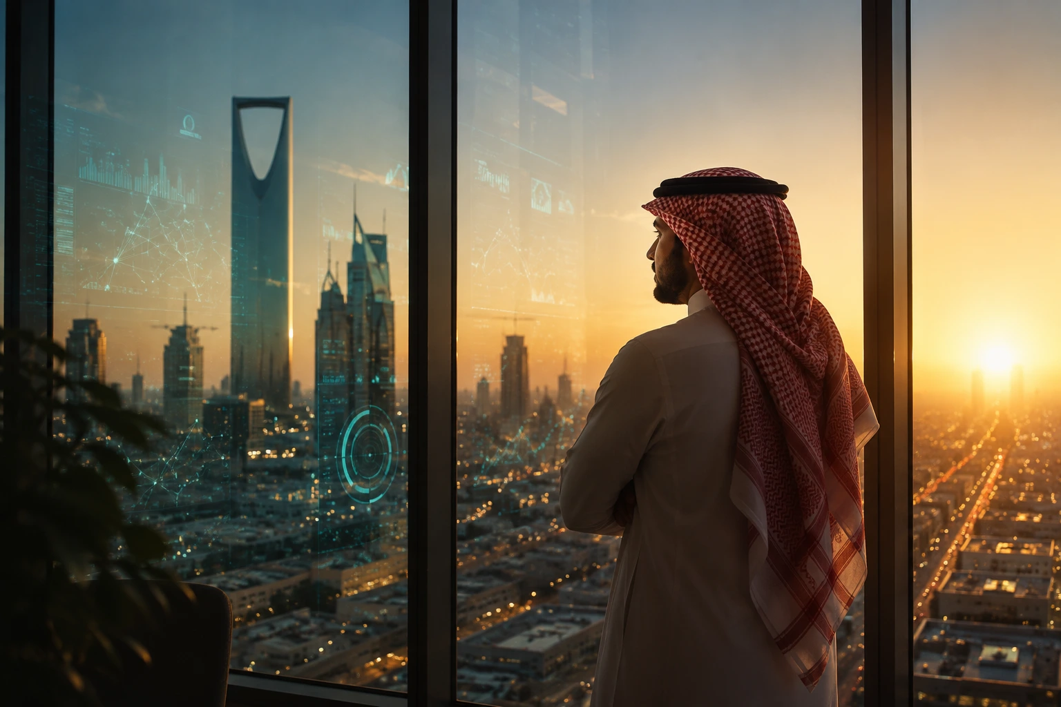 Saudi startup founder overlooking Riyadh skyline with AI dashboard